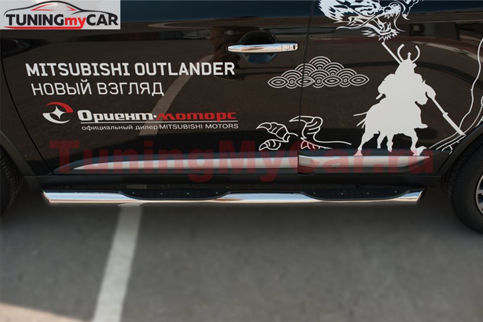 Пороги труба D76 с накладкой (вариант 3) для Mitsubishi Outlander 2015-