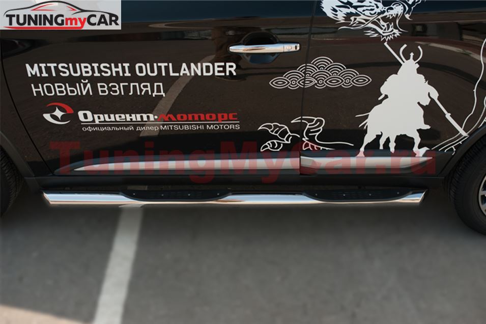 Пороги труба D76 с накладкой (вариант 2) для Mitsubishi Outlander 2015-